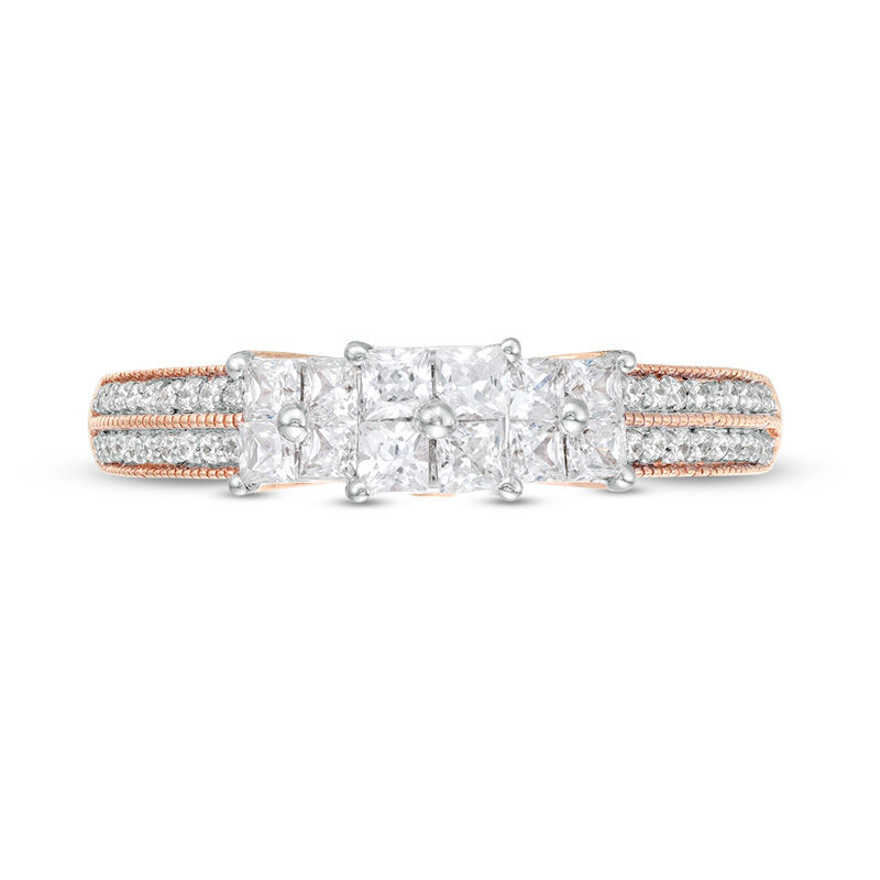 1/2 CT. T.W. Princess-Cut Quad Diamond Three Stone Double Row Engagement Ring in 10K Rose Gold