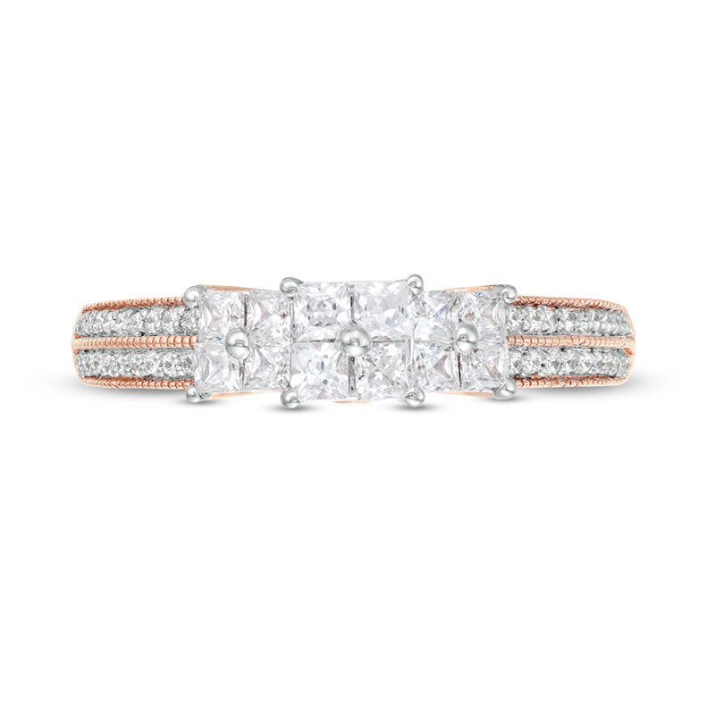 Main Image 4 of 1/2 CT. T.W. Princess-Cut Quad Diamond Three Stone Double Row Engagement Ring in 10K Rose Gold