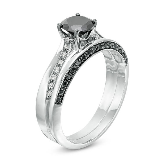 7/8 CT. T.w. Black and White Diamond Solitaire Bridal Set in 10K White Gold