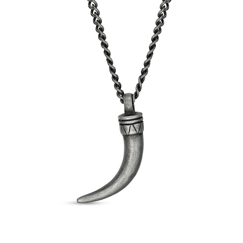 Main Image 1 of Men's Antique-Finish Horn Pendant in Stainless Steel with Gunmetal Ion-Plate - 24"