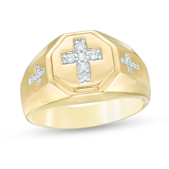 1/5 CT. T.w. Diamond Triple Cross Multi-Finish Bevelled Shank Octagon Signet Ring in 10K Gold
