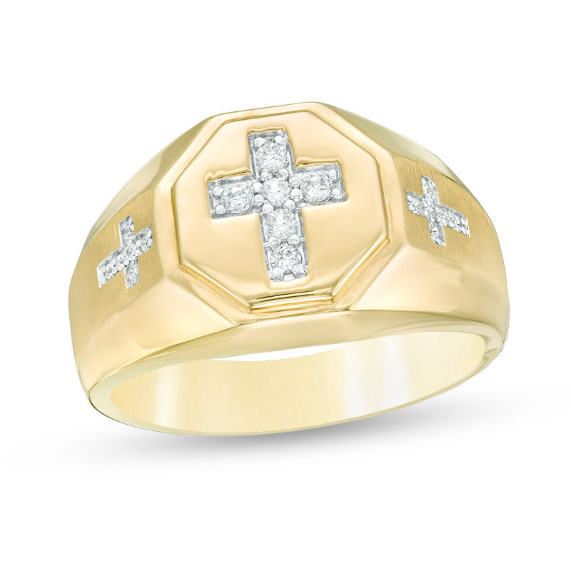 Main Image 1 of 1/5 CT. T.W. Diamond Triple Cross Multi-Finish Bevelled Shank Octagon Signet Ring in 10K Gold