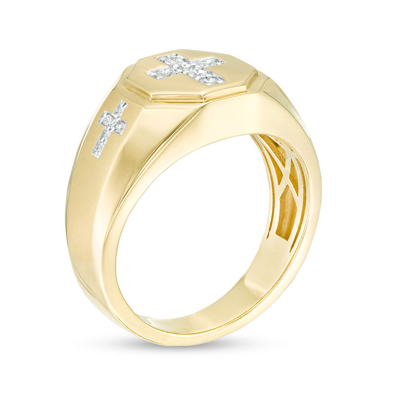 Main Image 3 of 1/5 CT. T.W. Diamond Triple Cross Multi-Finish Bevelled Shank Octagon Signet Ring in 10K Gold