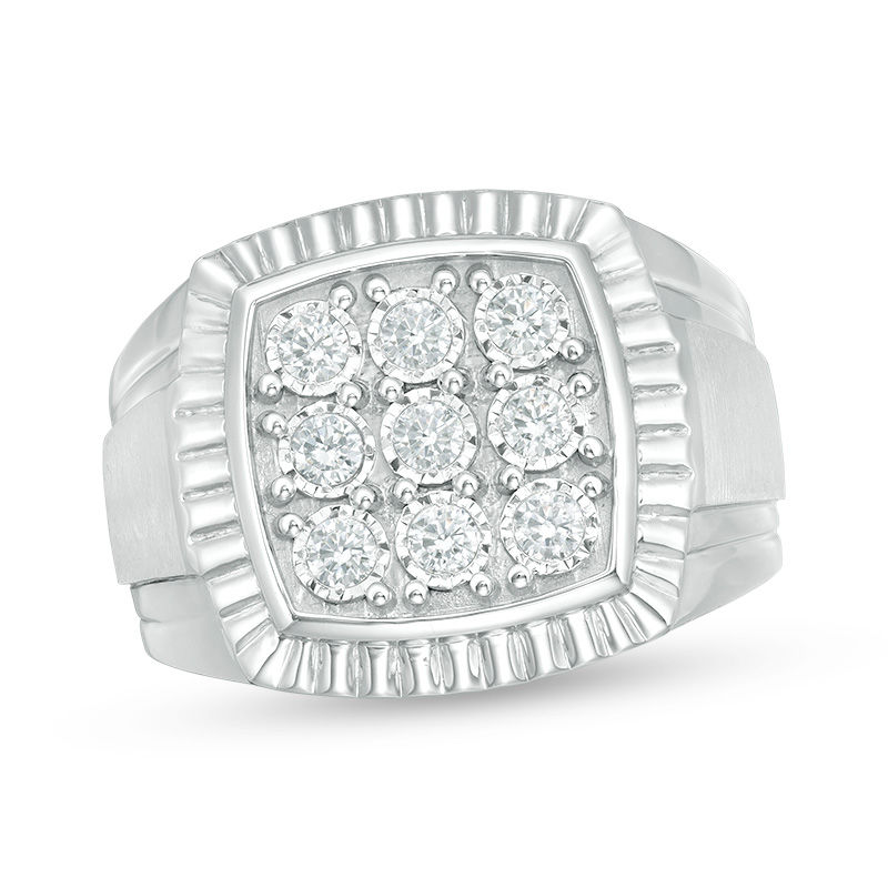 Main Image 1 of 1/2 CT. T.W. Composite Diamond Textured Cushion Frame Multi-Finish Tier Shank Ring in 10K White Gold