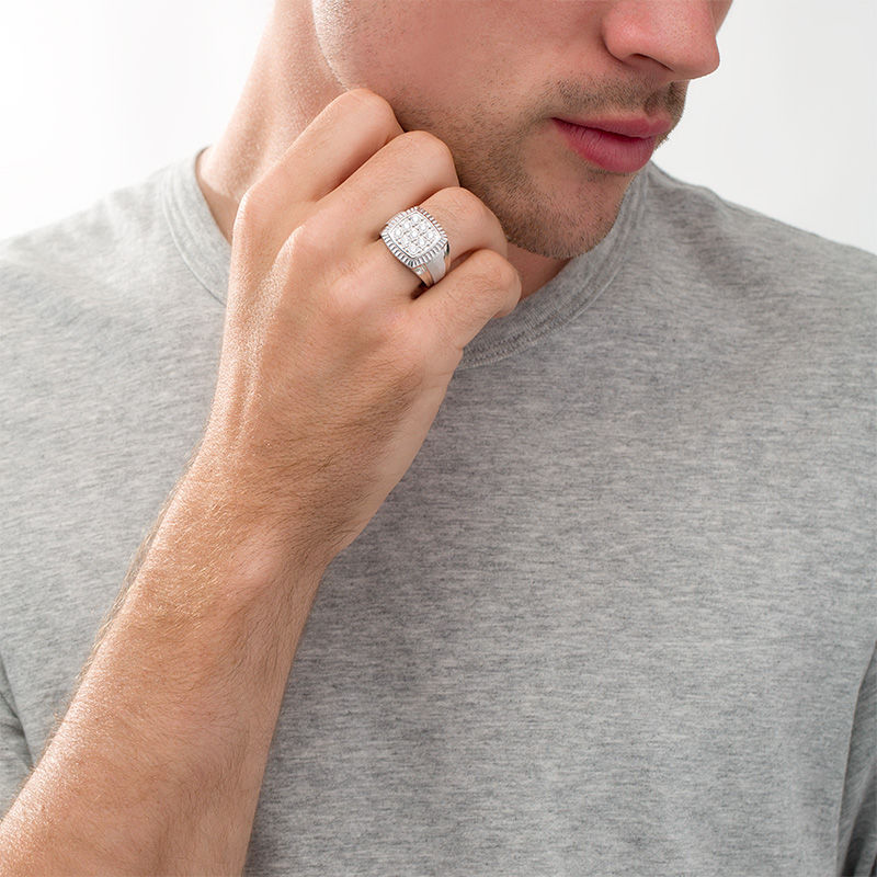 Main Image 2 of 1/2 CT. T.W. Composite Diamond Textured Cushion Frame Multi-Finish Tier Shank Ring in 10K White Gold