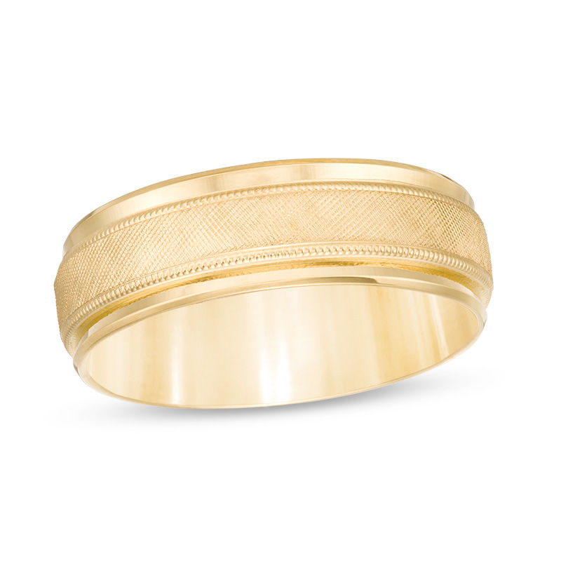 Men's 7.0mm Multi-Finish Center Stripe Beveled Edge Comfort-Fit Wedding Band in 10K Gold - Size 10