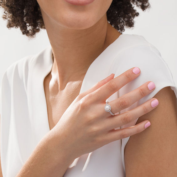 7.0mm Freshwater Cultured Pearl and Lab-Created White Sapphire Frame Ring in Sterling Silver