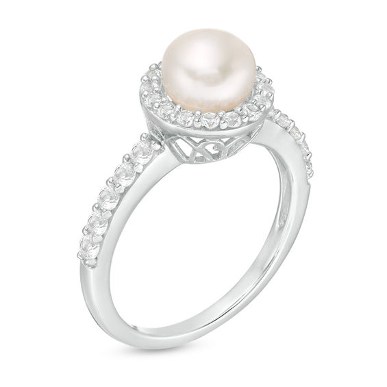 7.0mm Freshwater Cultured Pearl and Lab-Created White Sapphire Frame Ring in Sterling Silver