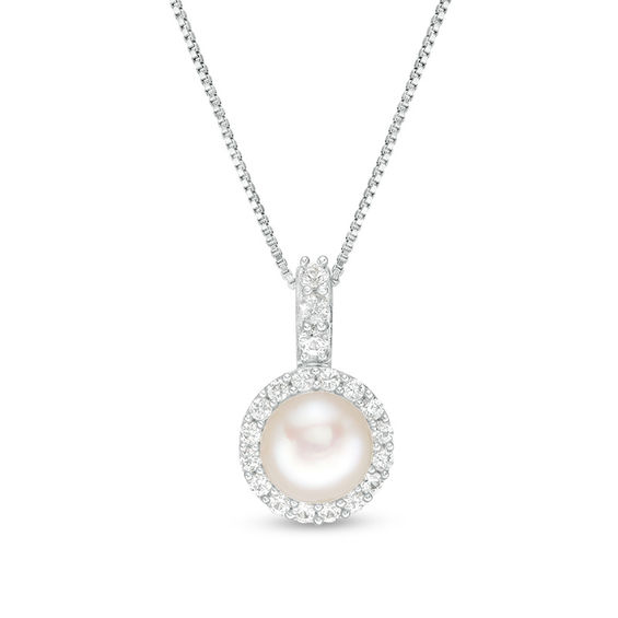 7.0mm Cultured Freshwater Pearl and Lab-Created White Sapphire Frame Drop Pendant in Sterling Silver 7.0mm Cultured Freshwater Pearl and Lab-Created White Sapphire Frame Drop Pendant in Sterling Silver