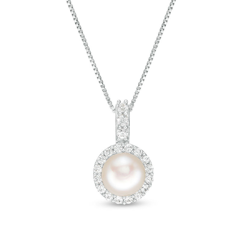 7.0mm Cultured Freshwater Pearl and Lab-Created White Sapphire Frame Drop Pendant in Sterling Silver