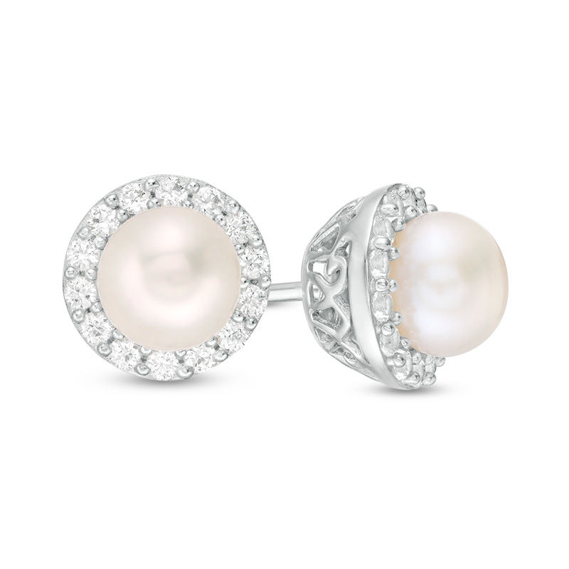 6.0mm Cultured Freshwater Pearl and Lab-Created White Sapphire Framed Stud Earrings in Sterling Silver