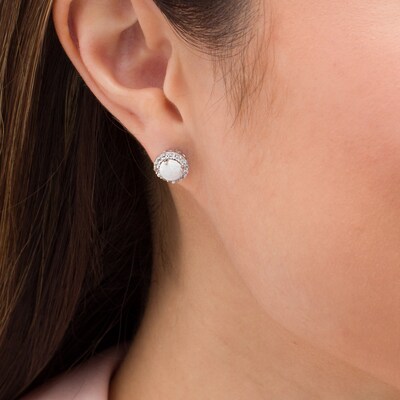 Natural Opal 8mm Round Stud Earrings White Gold Silver