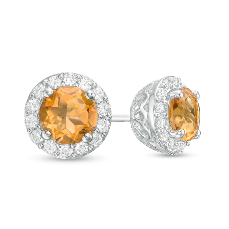 6.0mm Citrine and Lab-Created White Sapphire Frame Stud Earrings in Sterling Silver