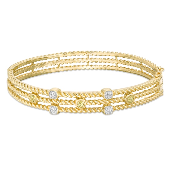 1/5 CT. T.w. Enhanced Yellow and White Diamond Station Triple Row Rope Bangle in Sterling Silver with 14K Gold Plate