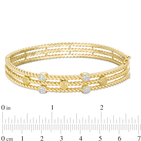 1/5 CT. T.w. Enhanced Yellow and White Diamond Station Triple Row Rope Bangle in Sterling Silver with 14K Gold Plate