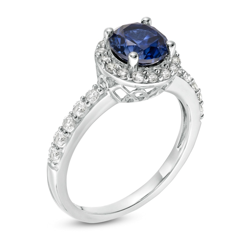 Main Image 3 of 7.0mm Lab-Created Ceylon and White Sapphire Frame Ring in Sterling Silver