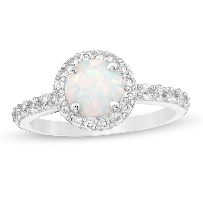 7.0mm Lab-Created Opal and White Sapphire Frame Ring in Sterling Silver ...