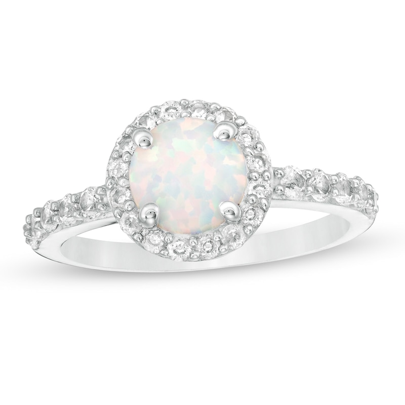 Main Image 1 of 7.0mm Lab-Created Opal and White Sapphire Frame Ring in Sterling Silver