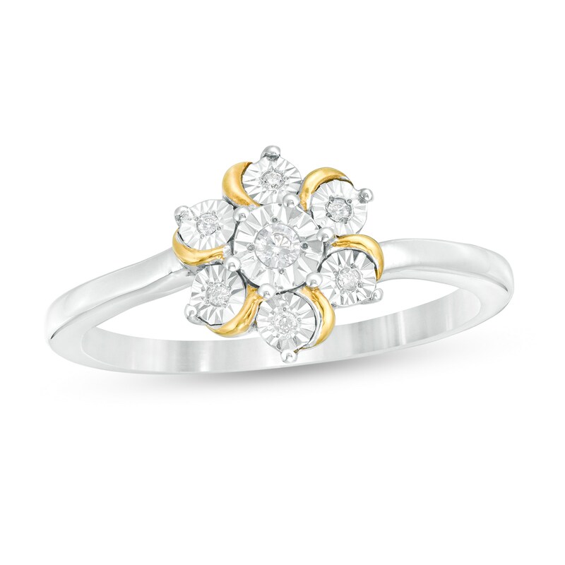 Main Image 1 of 1/20 CT. T.W. Diamond Curved Flower Ring in Sterling Silver and 14K Gold Plate