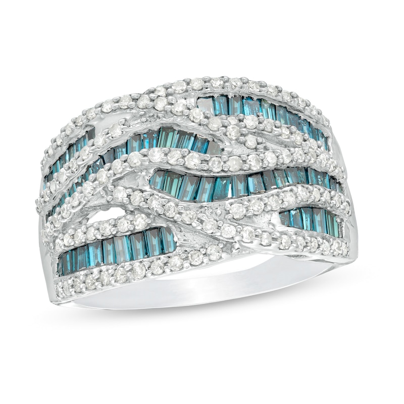 1-1/4 CT. T.W. Enhanced Blue and White Diamond Multi-Row Crossover Ring in Sterling Silver