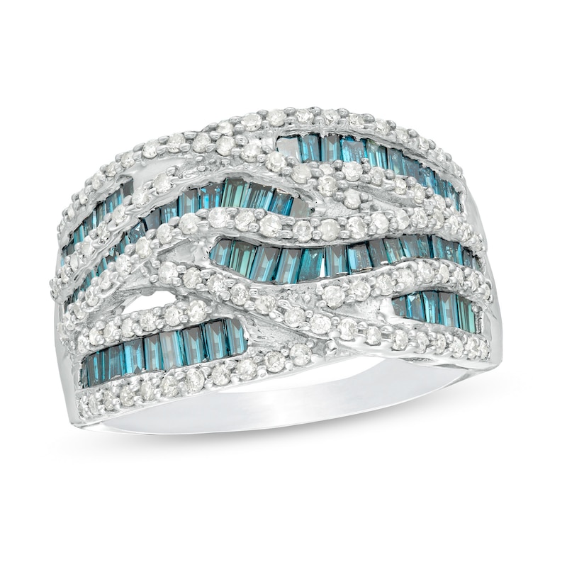 Main Image 1 of 1-1/4 CT. T.W. Enhanced Blue and White Diamond Multi-Row Crossover Ring in Sterling Silver