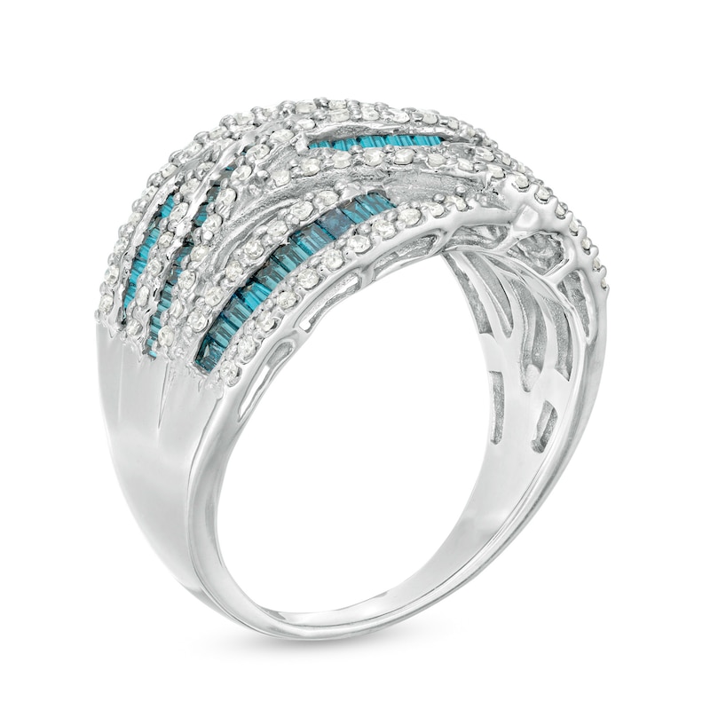 Main Image 3 of 1-1/4 CT. T.W. Enhanced Blue and White Diamond Multi-Row Crossover Ring in Sterling Silver