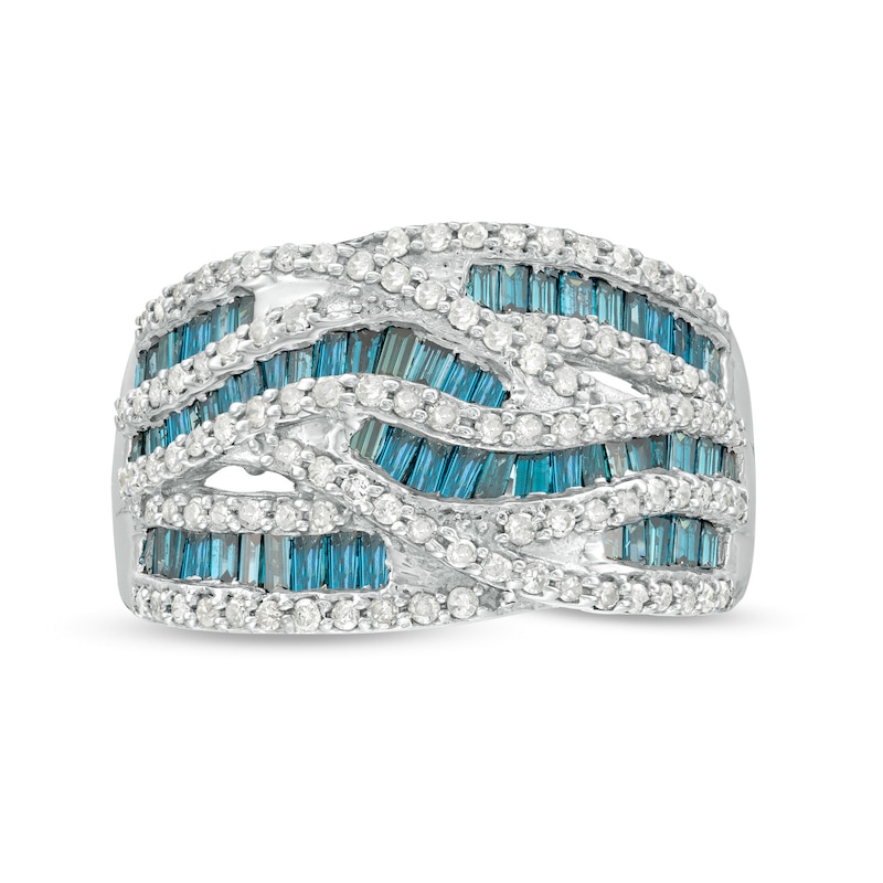 Main Image 4 of 1-1/4 CT. T.W. Enhanced Blue and White Diamond Multi-Row Crossover Ring in Sterling Silver
