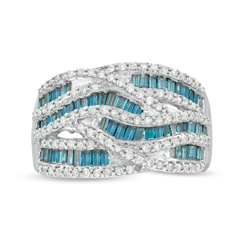 1-1/4 CT. T.W. Enhanced Blue and White Diamond Multi-Row Crossover Ring in Sterling Silver