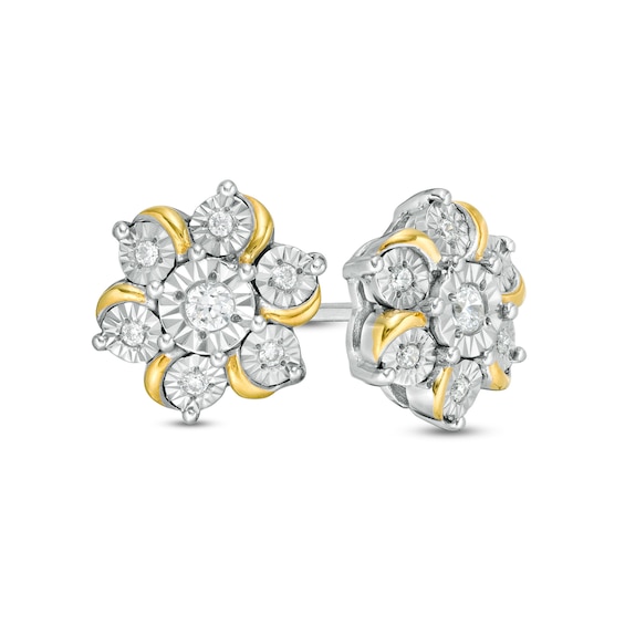 1/10 CT. T.w. Diamond Curved Flower Stud Earrings in Sterling Silver and 14K Gold Plate