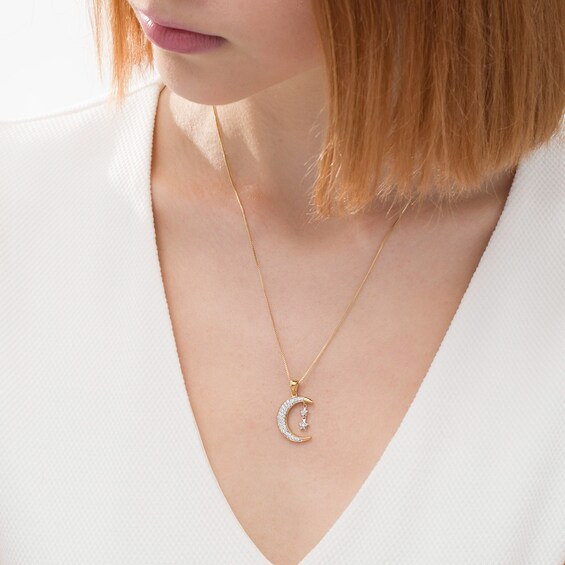 1/3 CT. T.w. Diamond Crescent Moon with Stars Dangle in Sterling Silver and 14K Gold Plate