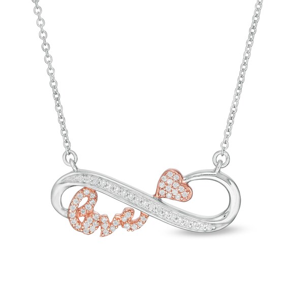 1/8 CT. T.W. Diamond Sideways Infinity with "love" Necklace in Sterling Silver and 14K Rose Gold Plate 1/8 CT. T.W. Diamond Sideways Infinity with "love" Necklace in Sterling Silver and 14K Rose Gold Plate