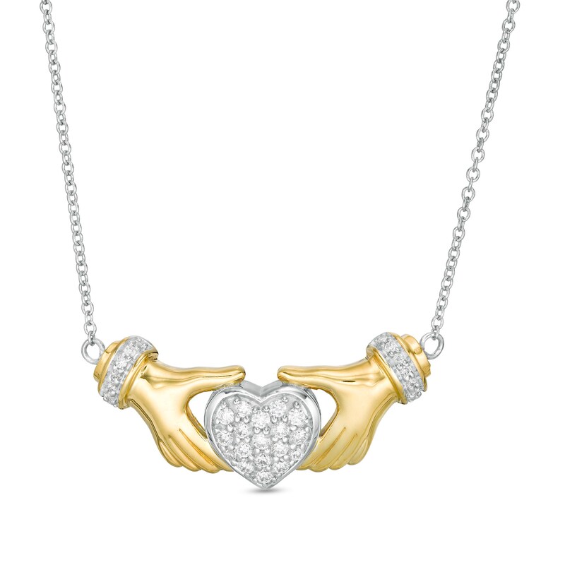 Main Image 1 of 1/4 CT. T.W. Diamond Heart Claddagh Necklace in Sterling Silver and 14K Gold Plate