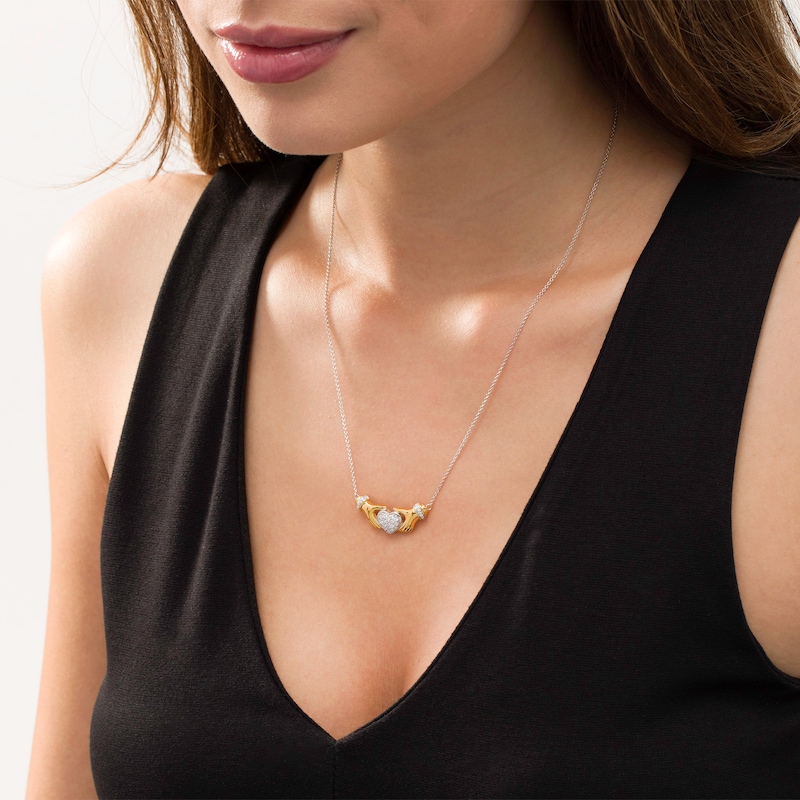 Main Image 2 of 1/4 CT. T.W. Diamond Heart Claddagh Necklace in Sterling Silver and 14K Gold Plate