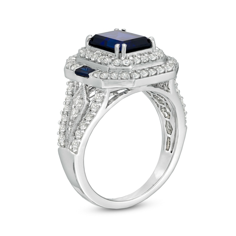 Main Image 3 of Emerald-Cut Lab-Created Blue and White Sapphire Double Octagon Frame Split Shank Ring in Sterling Silver