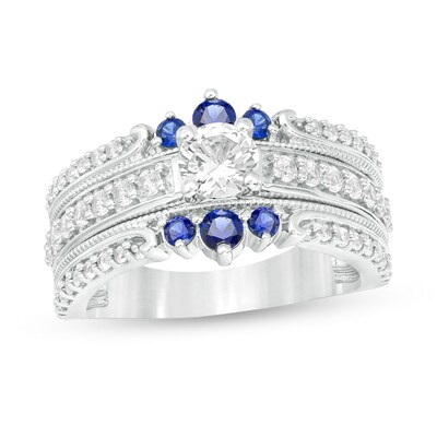 5 0mm Lab Created White And Blue Sapphire Crown Triple Row Vintage