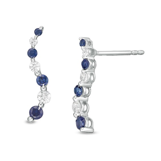 Journey Blue Sapphire and 1/5 CT. T.W. Diamond Alternating Drop Earrings in 14K White Gold Journey Blue Sapphire and 1/5 CT. T.W. Diamond Alternating Drop Earrings in 14K White Gold