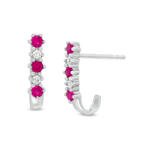 Ruby and 1/20 CT. T.W. Diamond Three Stone Alternating J-Hoop Earrings in 14K White Gold Ruby and 1/20 CT. T.W. Diamond Three Stone Alternating J-Hoop Earrings in 14K White Gold