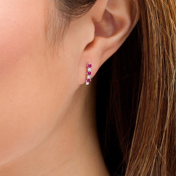 Ruby and 1/20 CT. T.W. Diamond Three Stone Alternating J-Hoop Earrings in 14K White Gold Ruby and 1/20 CT. T.W. Diamond Three Stone Alternating J-Hoop Earrings in 14K White Gold