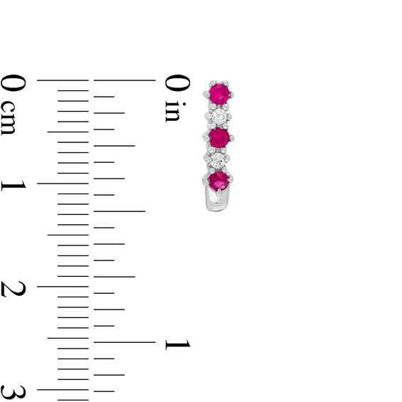 Ruby and 1/20 CT. T.W. Diamond Three Stone Alternating J-Hoop Earrings in 14K White Gold Ruby and 1/20 CT. T.W. Diamond Three Stone Alternating J-Hoop Earrings in 14K White Gold