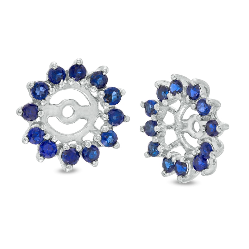 Blue Sapphire Flower Frame Stud Earring Jackets in 14K White Gold