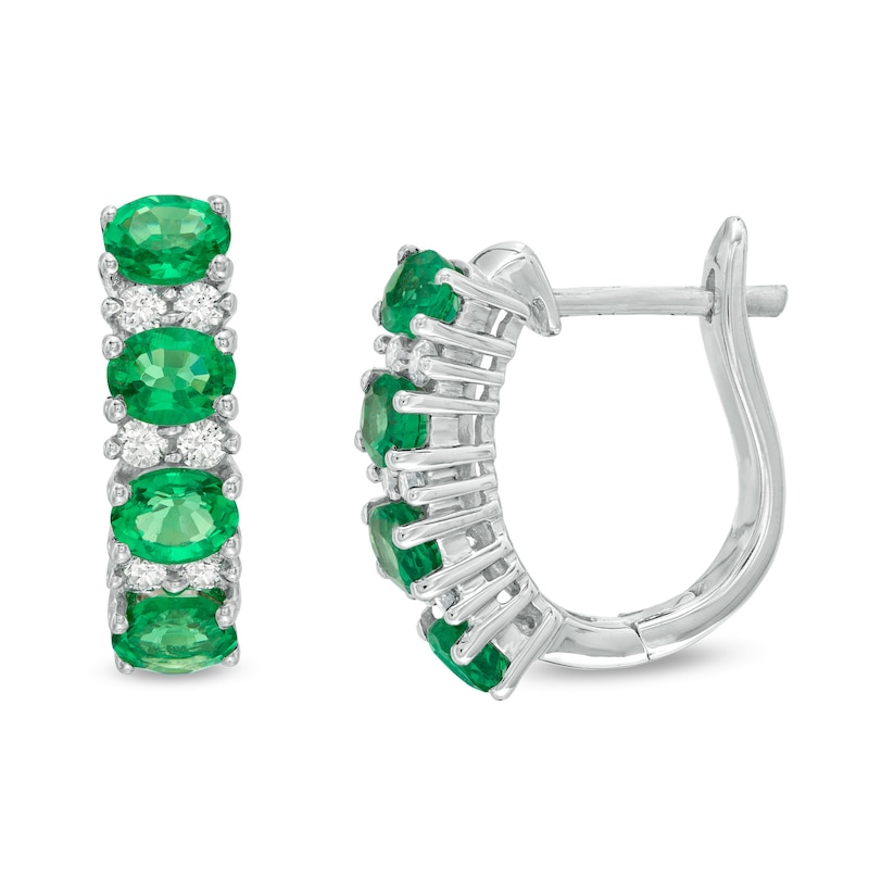 Sideways Oval Emerald and 1/4 CT. T.W. Diamond Duo Alternating Four Stone Hoop Earrings in 14K White Gold