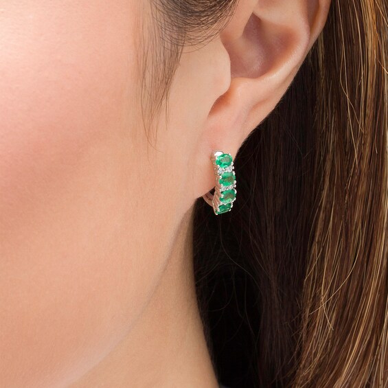 Sideways Oval Emerald and 1/4 CT. T.w. Diamond Duo Alternating Four Stone Hoop Earrings in 14K White Gold