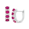 Thumbnail Image 0 of Sideways Oval Ruby and 1/4 CT. T.W. Diamond Duo Alternating Four Stone Hoop Earrings in 14K White Gold