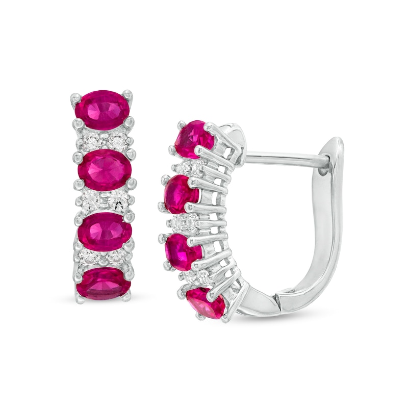 Sideways Oval Ruby and 1/4 CT. T.W. Diamond Duo Alternating Four Stone Hoop Earrings in 14K White Gold