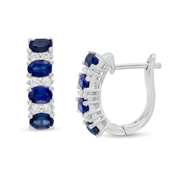 Sideways Oval Blue Sapphire and 1/4 CT. T.W. Diamond Duo Alternating Four Stone Hoop Earrings in 14K White Gold