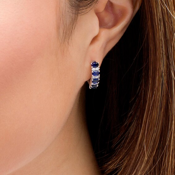 Sideways Oval Blue Sapphire and 1/4 CT. T.w. Diamond Duo Alternating Four Stone Hoop Earrings in 14K White Gold