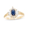 Thumbnail Image 0 of Oval Blue Sapphire and 1/3 CT. T.W. Diamond Starburst Frame Ribbed Shank Ring in 14K Gold
