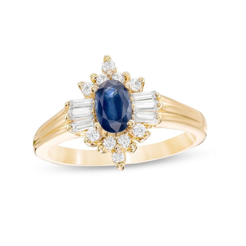 Oval Blue Sapphire and 1/3 CT. T.W. Diamond Starburst Frame Ribbed Shank Ring in 14K Gold