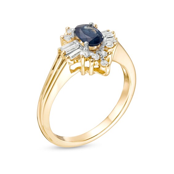 Oval Blue Sapphire and 1/3 CT. T.w. Diamond Starburst Frame Ribbed Shank Ring in 14K Gold