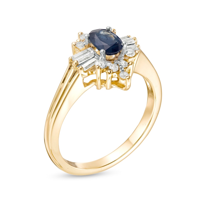 Oval Blue Sapphire and 1/3 CT. T.W. Diamond Starburst Frame Ribbed Shank Ring in 14K Gold